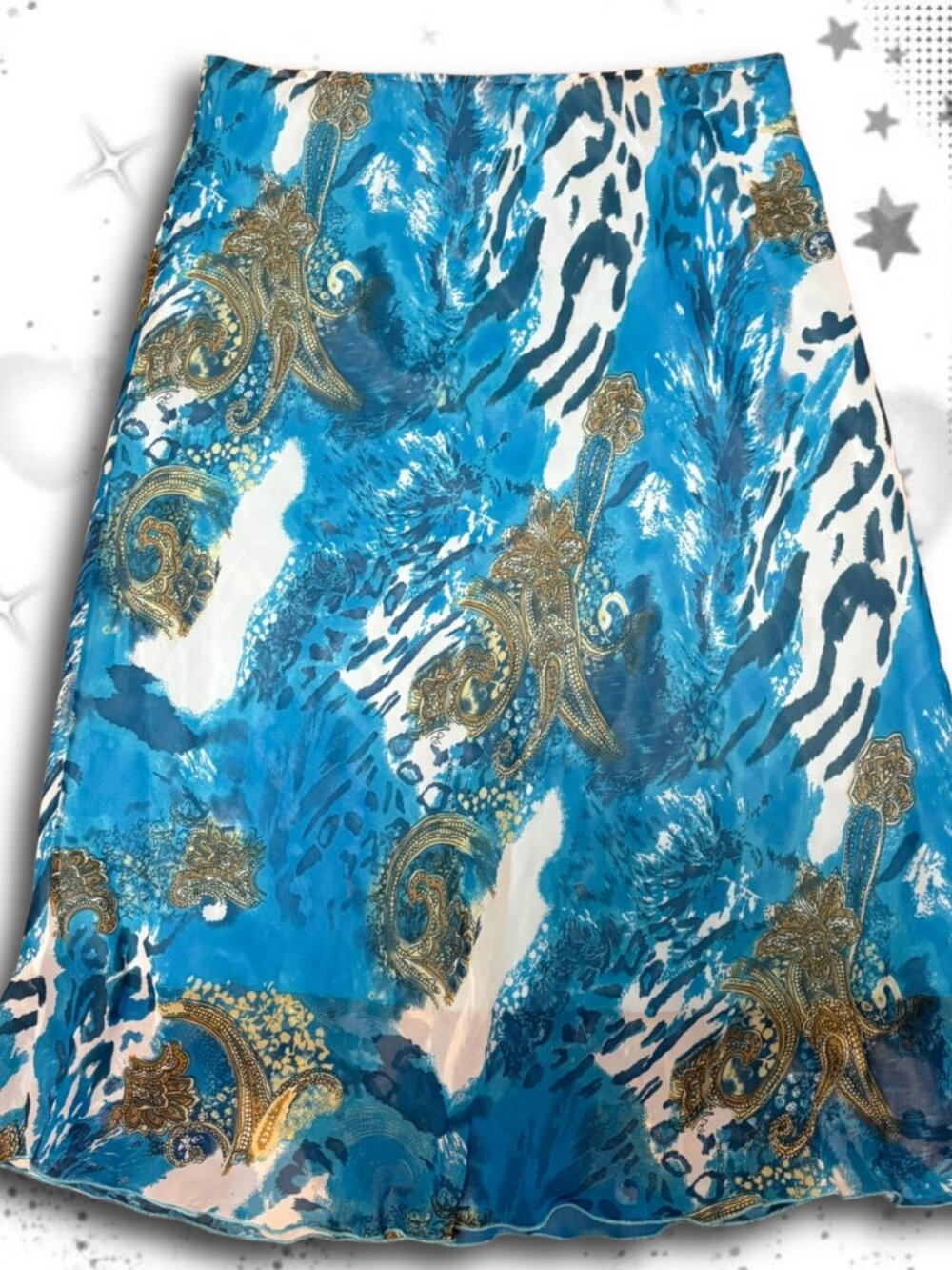 Vintage Y2K Rene Margo Blue Paisley Animal Print Chiffon Midi Skirt